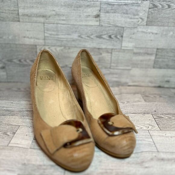 Stuart Weitzman tan embossed wedges with tortoise shell accent buckle size 7.5 - Picture 1 of 16